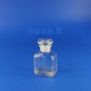 Plačiakaklis, stačiakampis, skaidraus stiklo buteliukas su pritrintu kamščiu (150 ml) Plačiakaklis, stačiakampis, skaidraus stiklo buteliukas su pritrintu kamščiu (150 ml)